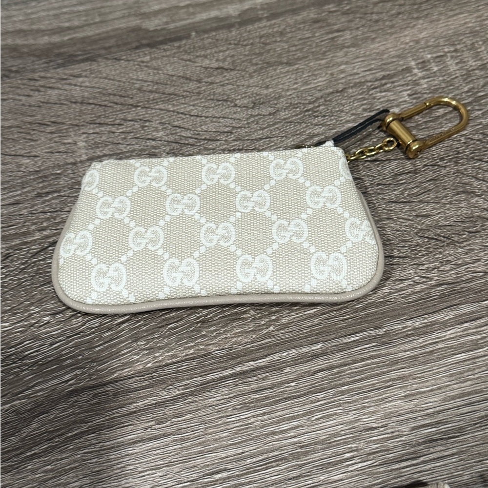 Inspired Cream and White GG Canvas Key Pouch with Gold Hardware